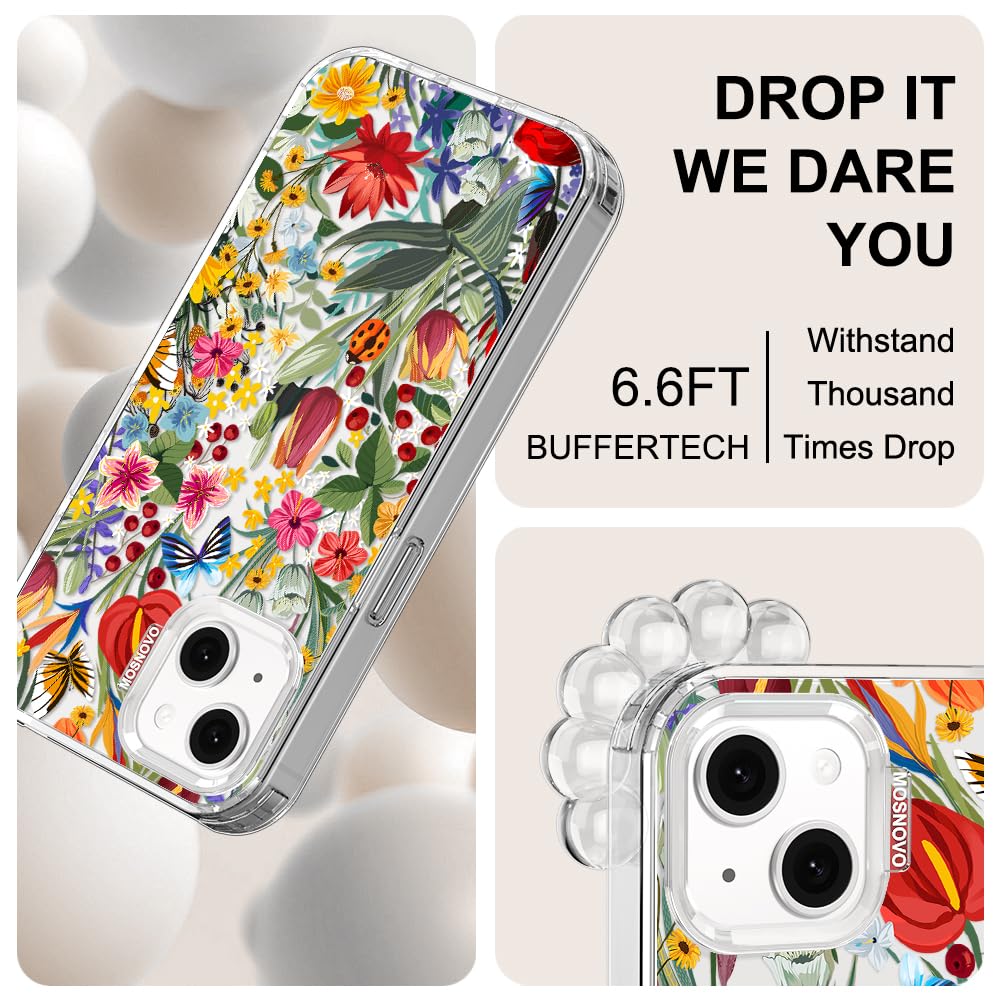 MOSNOVO Case for iPhone 13/14, [Buffertech 6.6ft Military-Grade Drop Protection] [Anti Peel Off Tech] Clear TPU Bumper Phone Case Cover Design - In The Garden — view 6