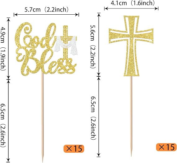 30 Pack Cross Cupcake Toppers Glitter Christianity God Bless Cupcake Picks for Religious Baptism Theme First Holy Communion Party Cake Decorations Supplies Gold