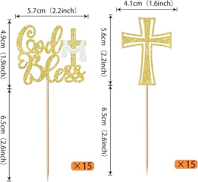 30 Pack Cross Cupcake Toppers Glitter Christianity God Bless Cupcake Picks for Religious Baptism Theme First Holy Communion Party Cake Decorations Supplies Gold