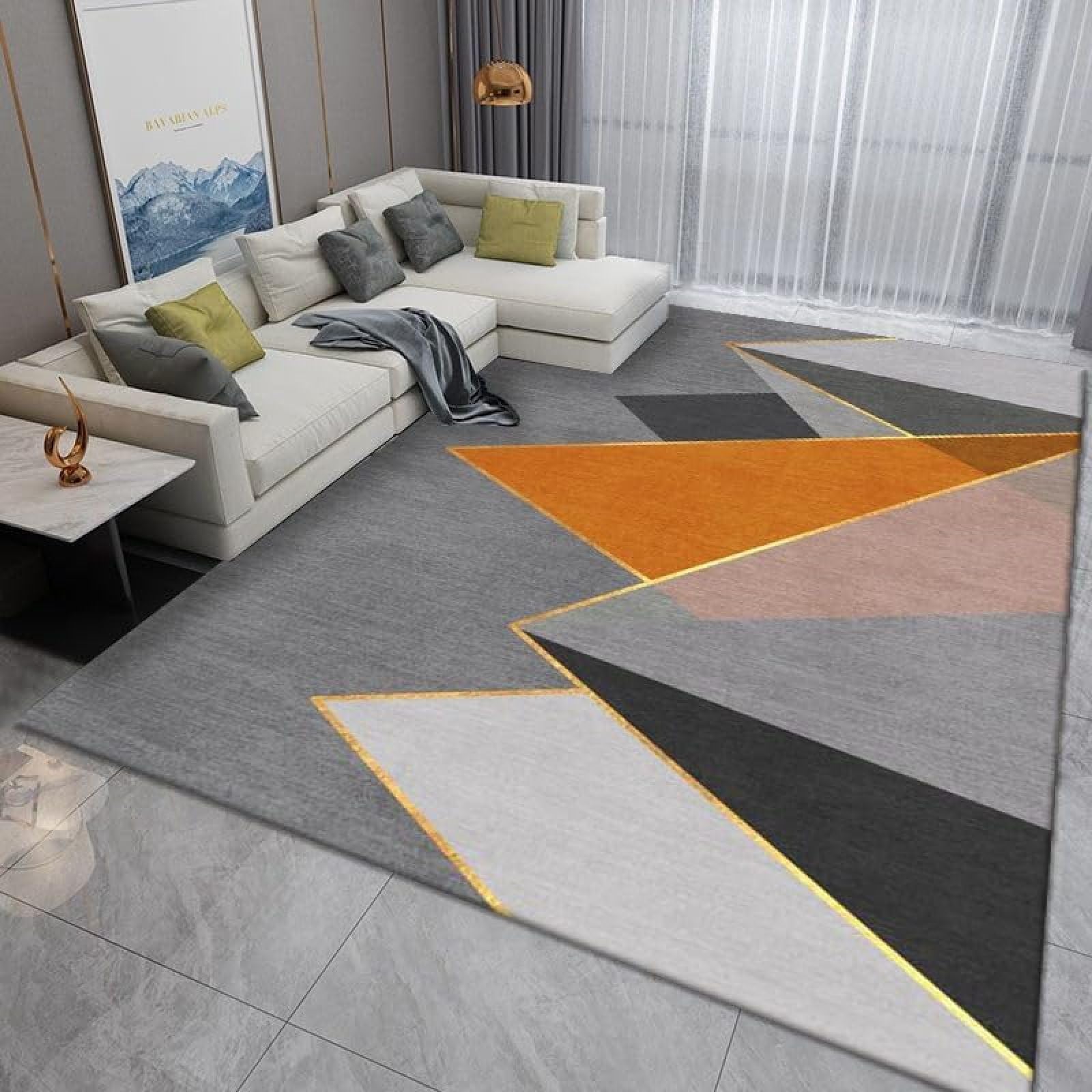 Tapis lavable gris au design géométrique moderne pour un salon chaleureux et design