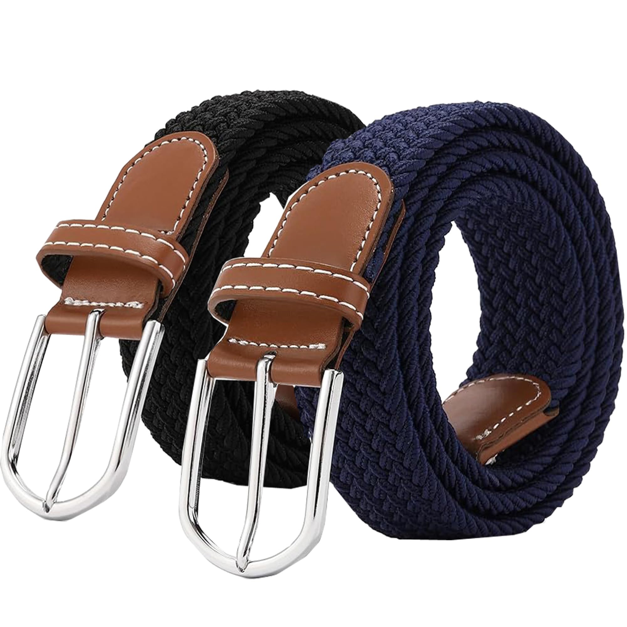 Szjh Women's Black & Navy Blue Set Of 2 Belt Casual Braided Elastic Fabric Woven Stretch Elasticated Belts