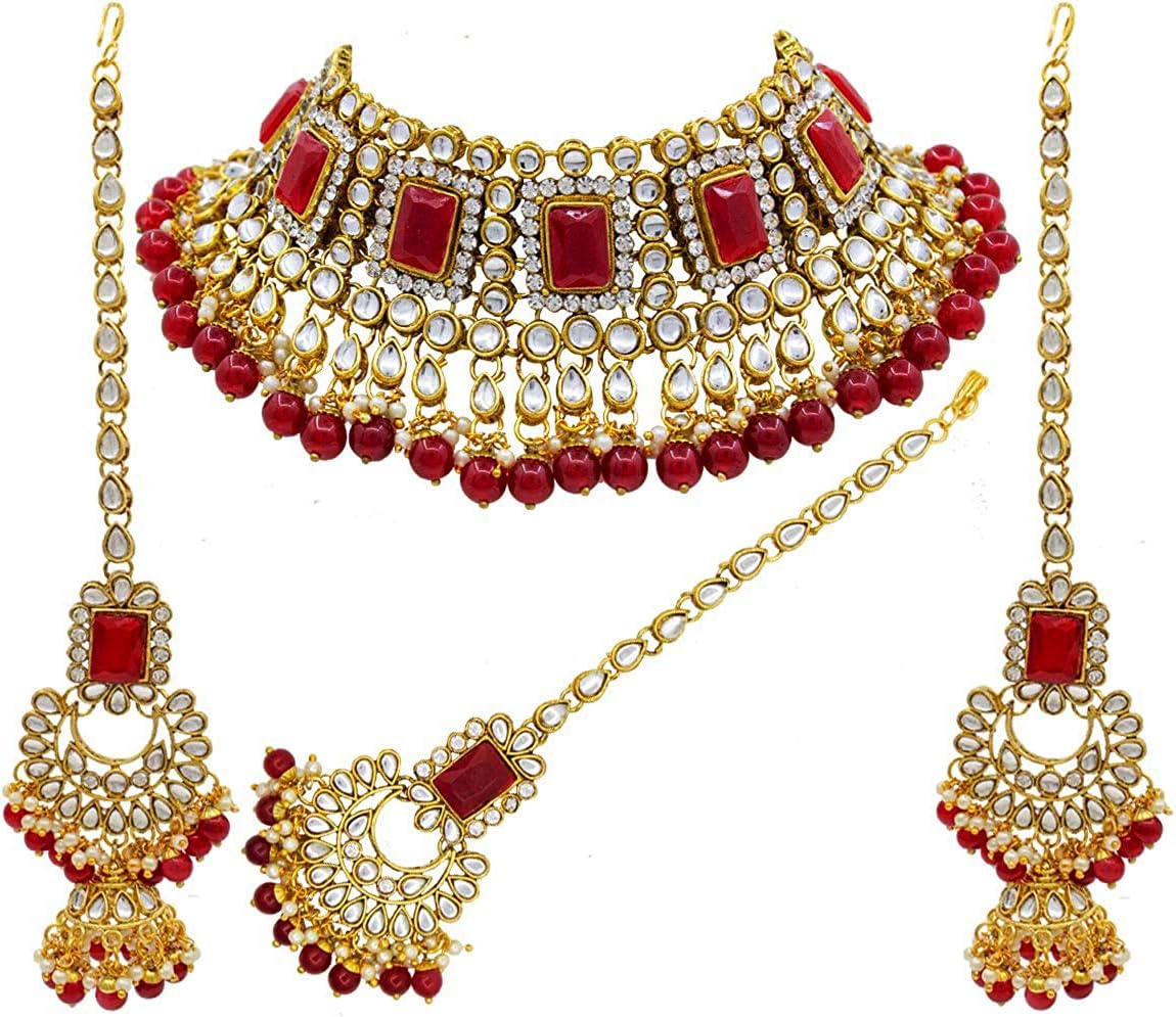 Aheli Traditional Faux Kudan Choker Necklace Earrings Maang Tikka Set Bollywood Wedding Indian Bridal Bharatanatyam jewellery set Gift for Women