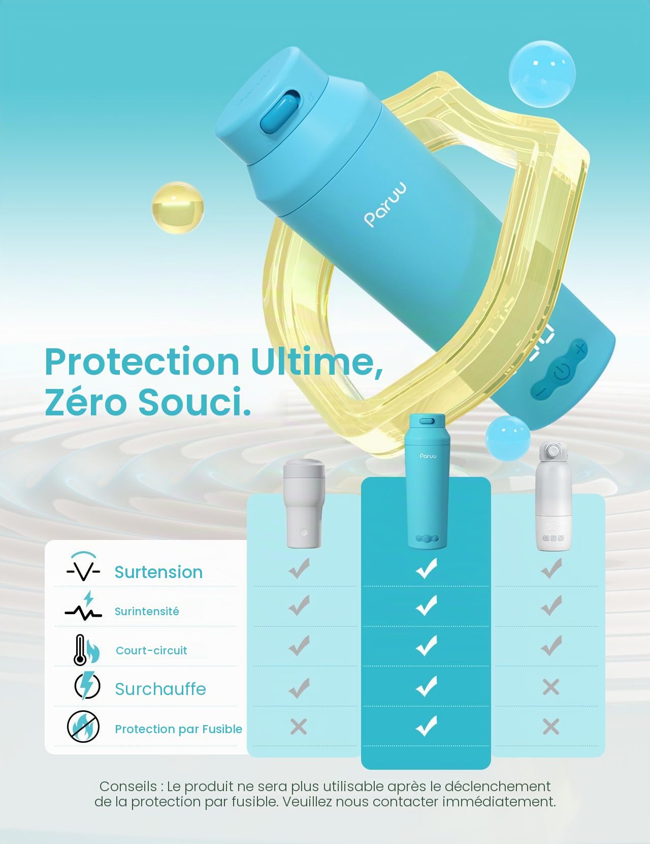 Paruu Chauffe Biberon Portable pour Nomade sans Fil, Chauffage Rapide en 2 minutes, Gros bec Facile à Nettoyer, 7 Niveaux de Température, Charge Rapide 30 W, Capacité 350 ml, Bleu