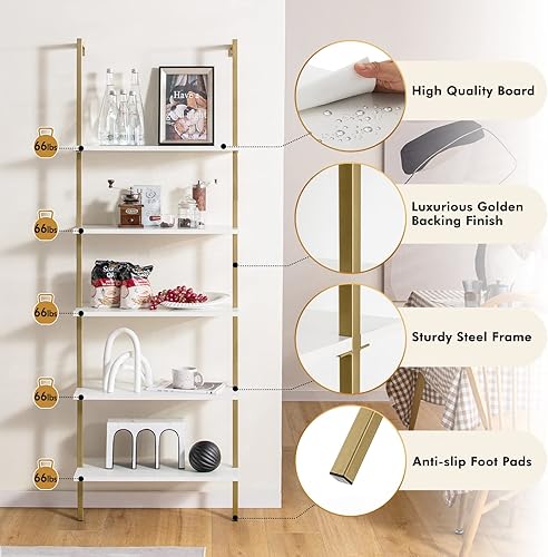 Miniatura 5 de Giantex Estantería moderna de 5 niveles para montar en la pared, estantería de madera blanca y dorada de 71 pulgadas con marco de acero, estante