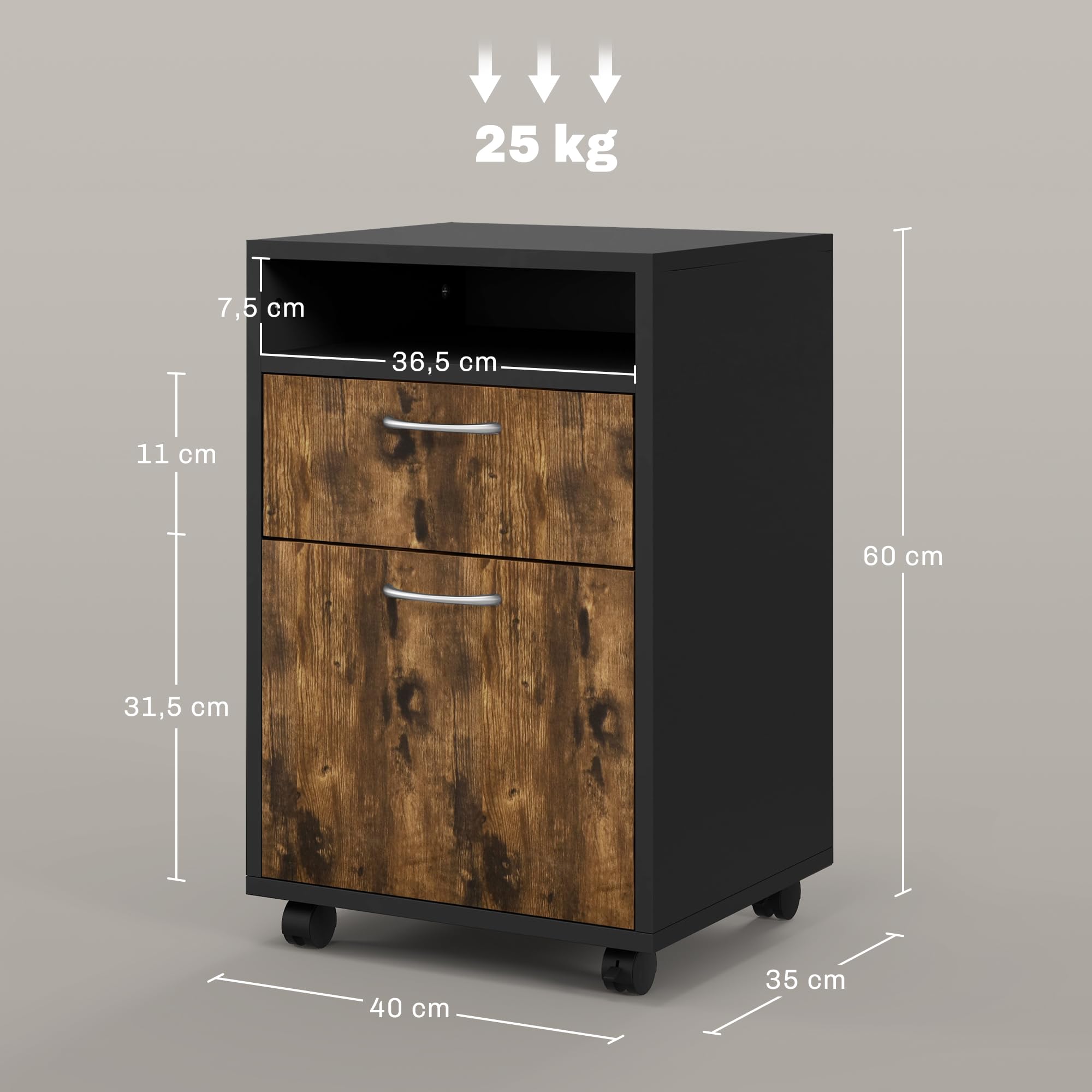 HOMCOM Caisson de bureau rangement bureau sur roulettes tiroir placard niche panneaux particules brun rustique