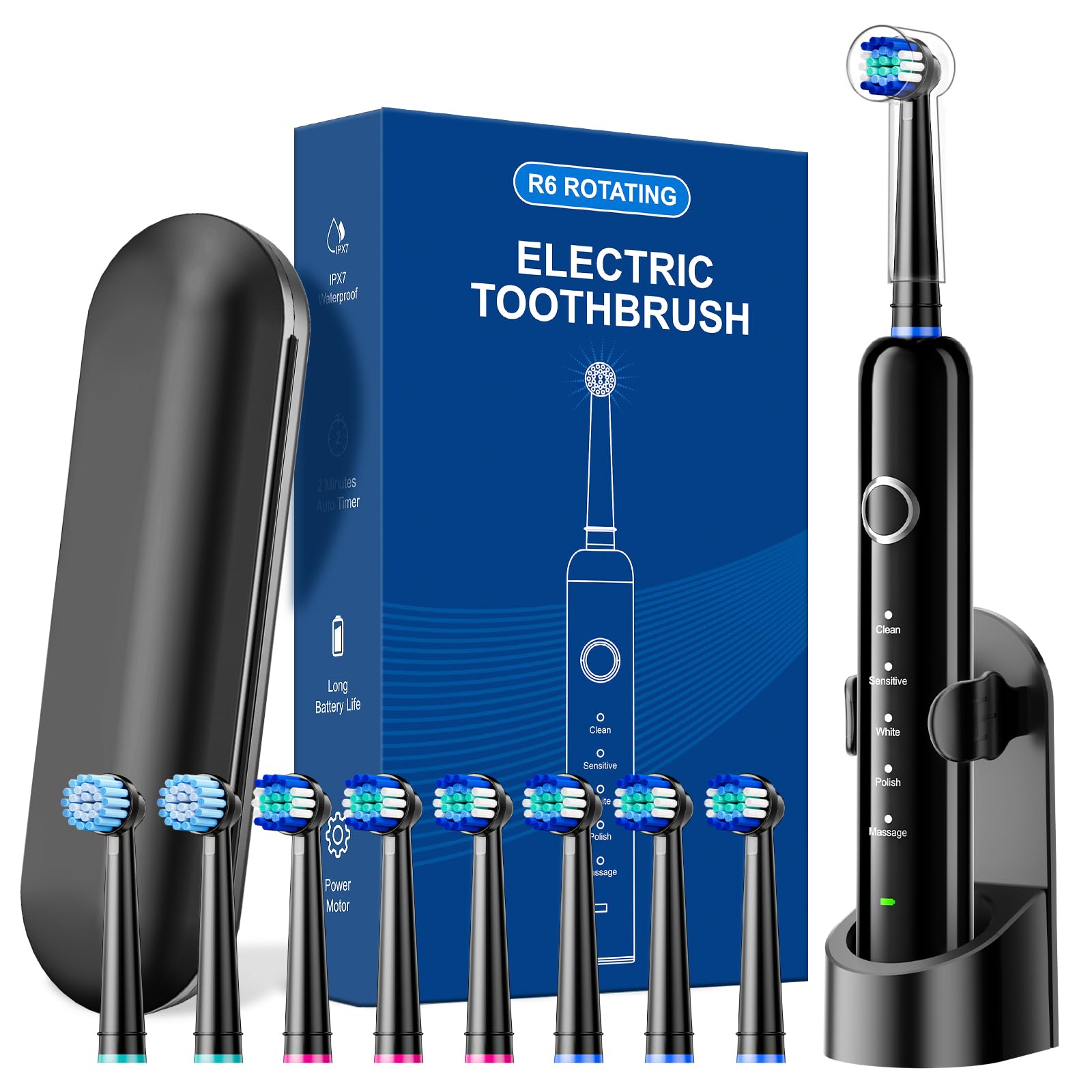 Rotating Electric Toothbrush for Adults, Rechargeable Power Toothbrush with 5 Cleaning Modes, 2-Minute Smart Timer, 8 Brush Heads (2 Types), Travel Case, Black