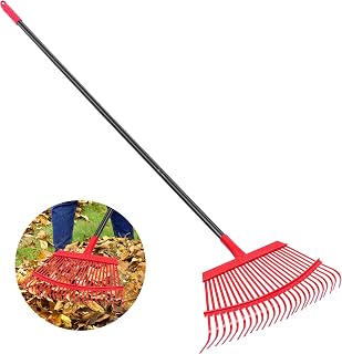 Garden Leaf Rake with 36.6" to 61.4" Adjustable Long Steel Handle, 25 Metal Tines 18.1" Wide Garden Rake for Lawns Shrub Debris and Flower Beds