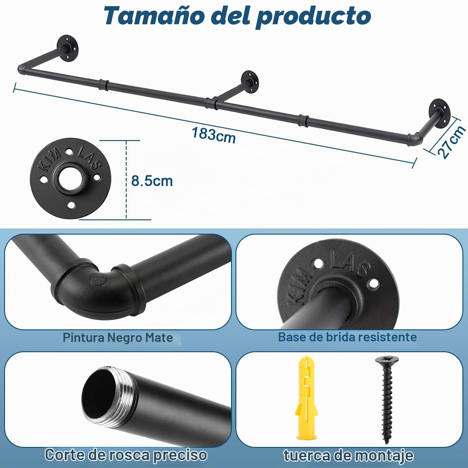 Royouzi Perchero De Pared Industrial Barra Para Ropa de Metal ExtraíBle Montada en la Pared de 184 cm Para Ahorrar Espacio Para Colgar Ropa en el Dormitorio Barra Para Ropa de Tubo Industrial Negro