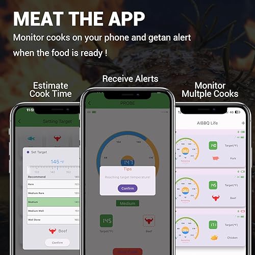Miniatura 3 de Termómetro digital inalámbrico para carne, Bluetooth 5.2 de largo alcance con control de aplicación, compatible con iOS y Android, IP68 impermeable,
