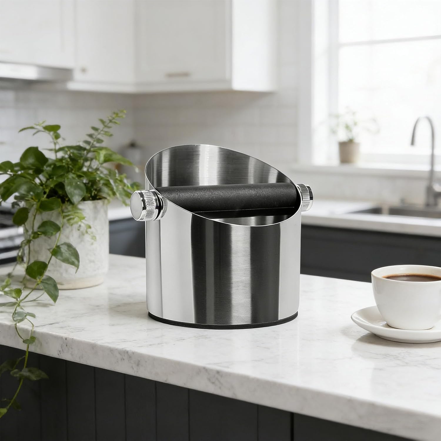 Stainless Steel Coffee Grounds Collection Box with Angled Opening for Clean Espresso Machine Care and Smooth Function