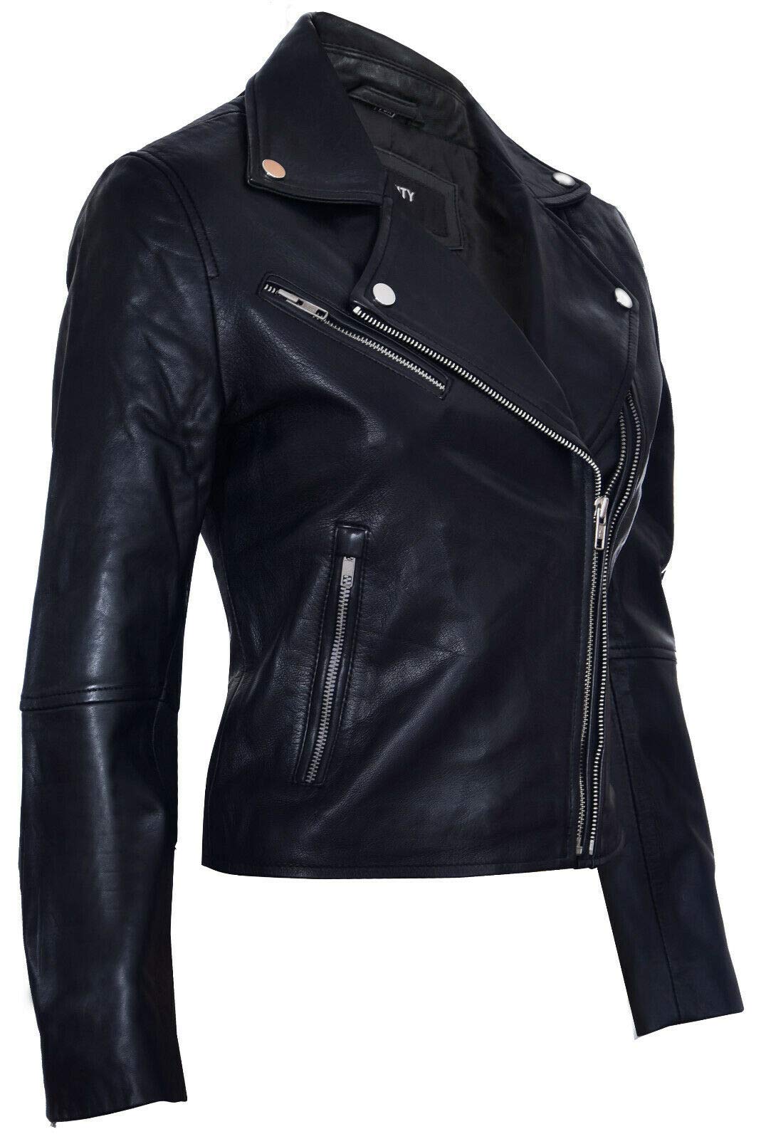 Damen Lederjacke Klassisch Motorradfahrer Style Schwarz Echtes