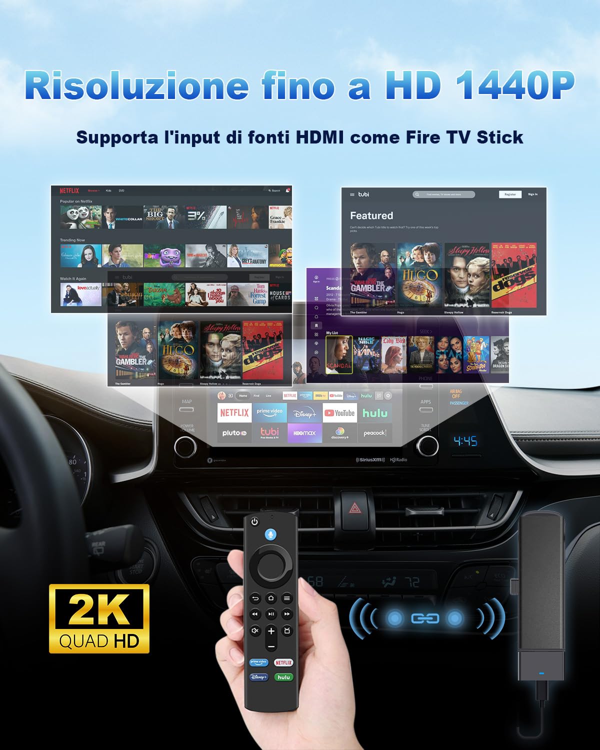 Carlinkit CarPlay e Android Auto, FireDrive Link Pro con HDMI per Fire TV Stick, dongle wireless e convertitore TV auto per CarPlay con cavo OEM, Plug