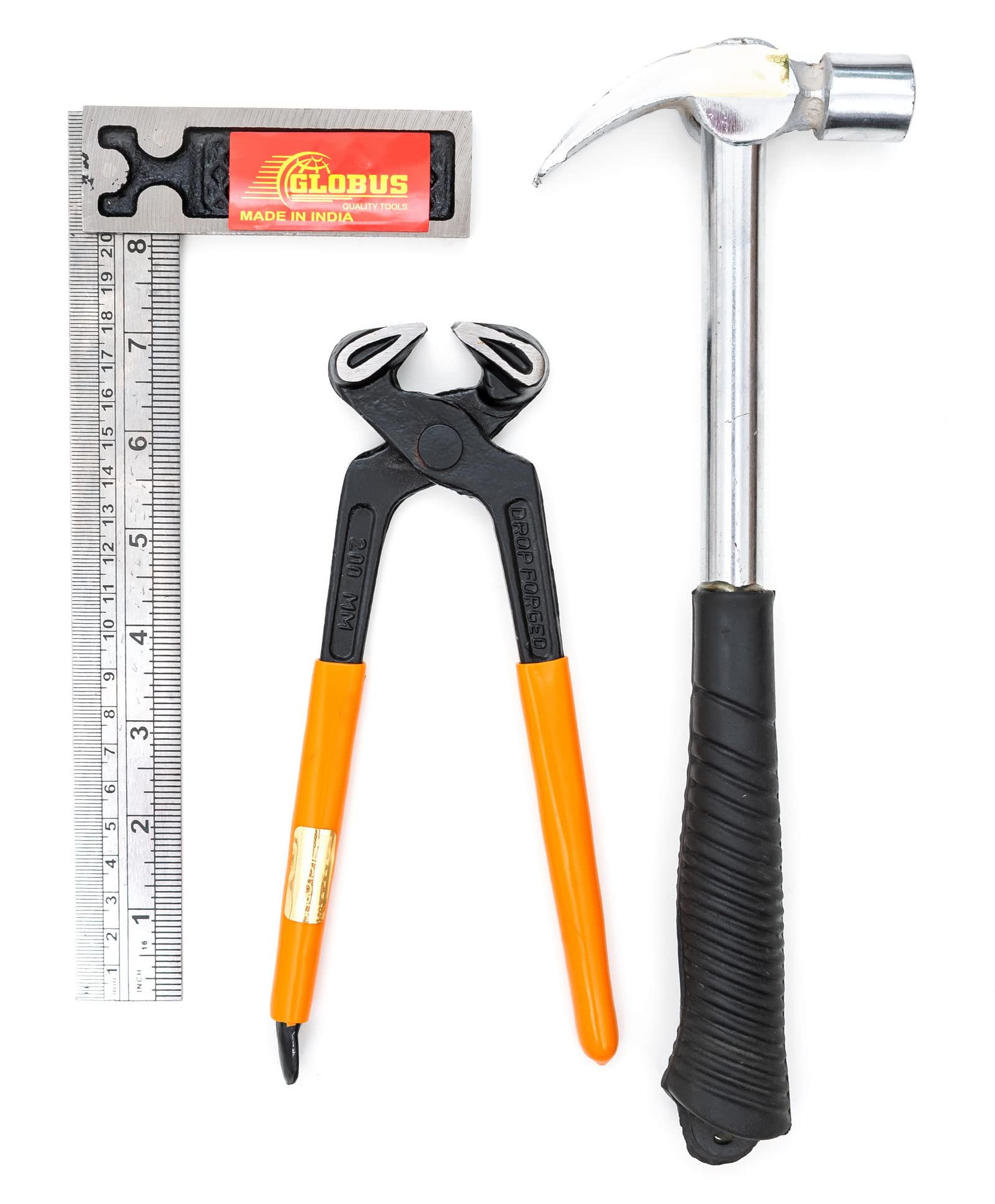 GLOBUS 1502 STEEL HAND TOOL SET/3 PCS (1/2 LBS HAMMER, 8" COBBLER PINCER AND TRY SQUARE 8")