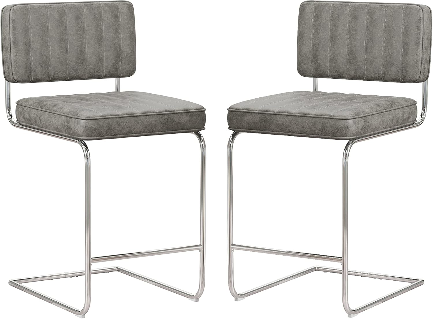 Hillsdale, Breuer Metal Counter Height Stools with Vertical Tufting, Set of 2, Gray