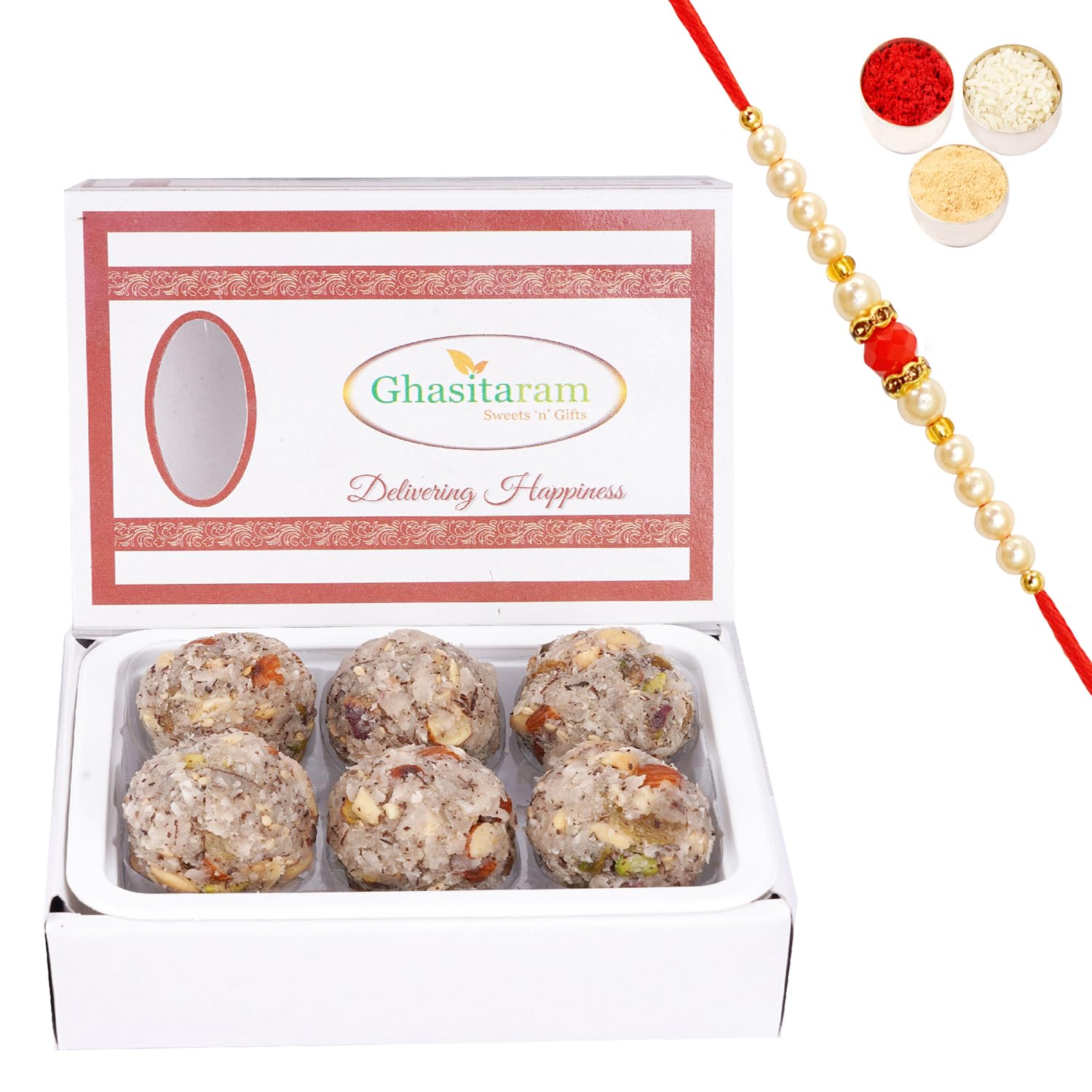 Jaiccha Ghasitaram Rakhi Gifts for Brothers Ding Coconut Laddoo 24 pcs with Beads Rakhi