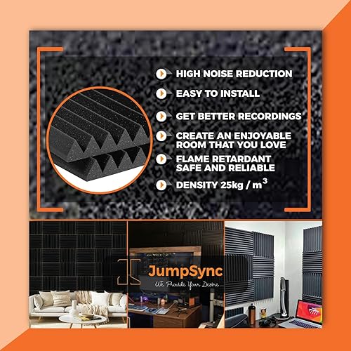 Miniatura 5 de JumpSync Paneles de espuma acústica color negro, paquete de 12  Paneles de espuma autoadhesivos a prueba de sonido con alta densidad  0.6-1 x 12
