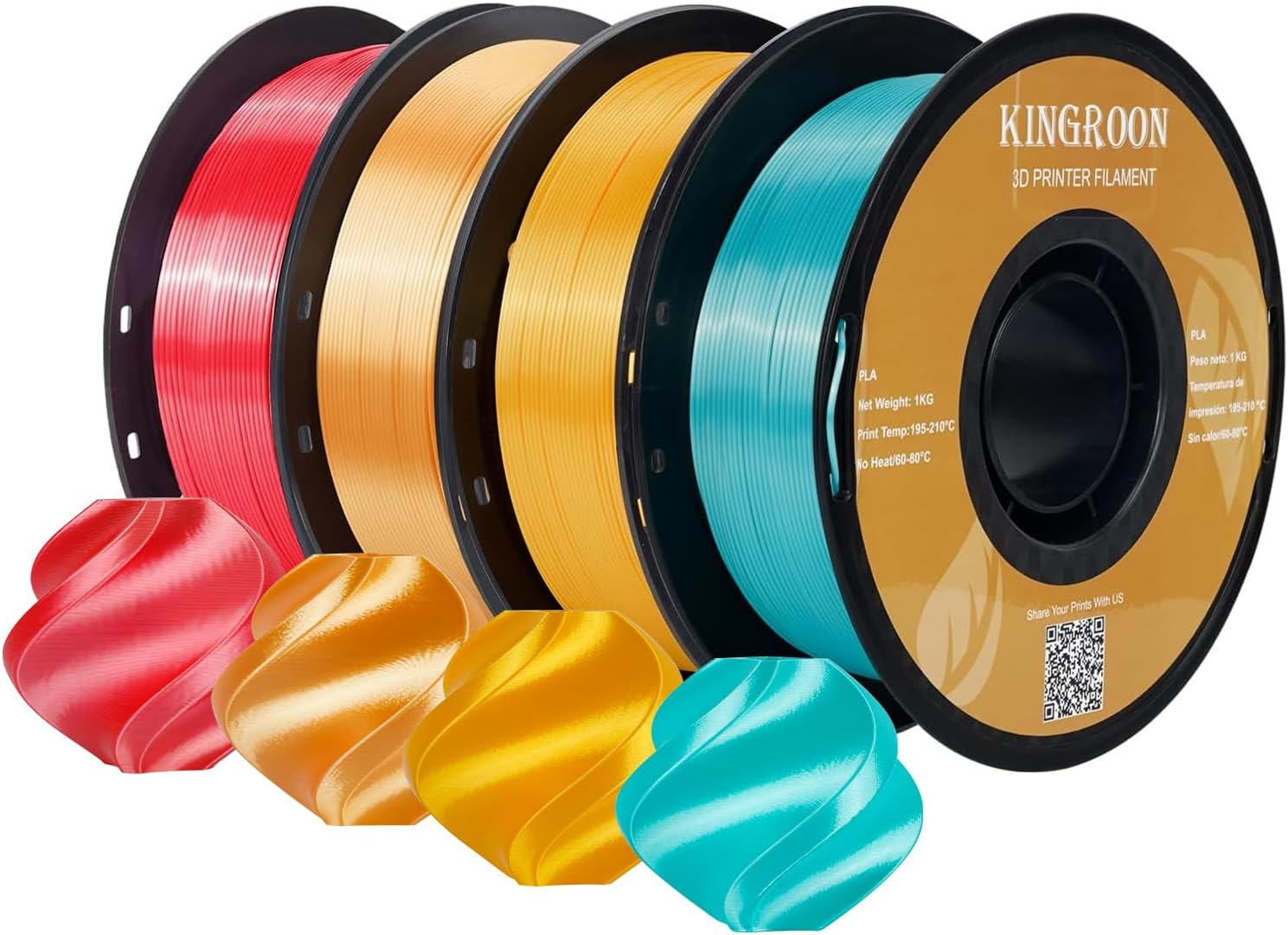 Kingroon Silk PLA Bundle 3D Printer Filament, Dimensional Accuracy +/- 0.03 mm, 4 kg Spool(8.8lbs), PLA Shiny Filament 1.75 mm(Orange+Green+Red+Gold-4kg, Silk PLA) Orange+green+red+gold Silk PLA