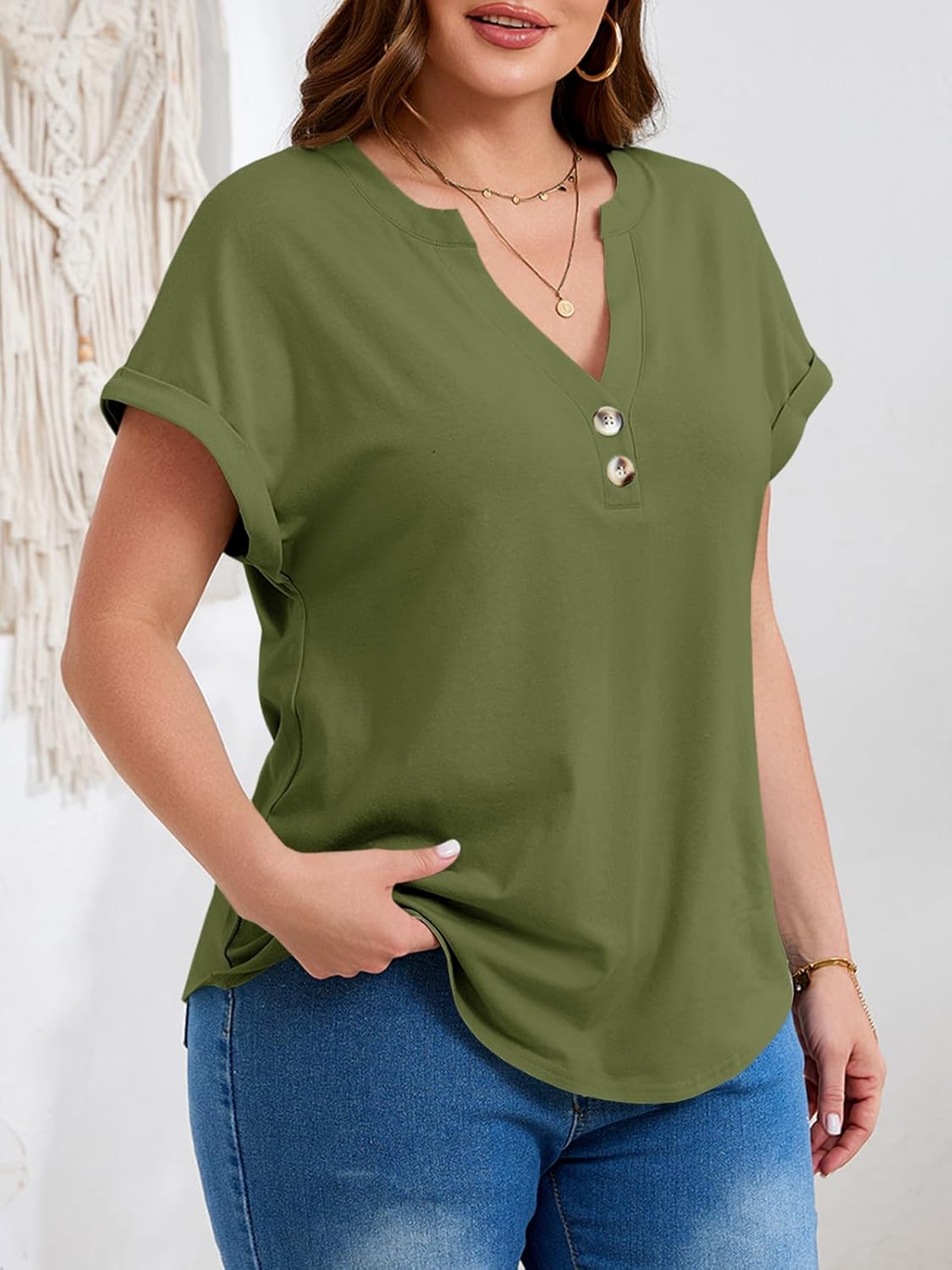 Beautife Womens Plus Size Short Sleeve Henley Tops Summer Button V Neck Blouses 2026 Dressy Casual Loose T Shirts - Image 5