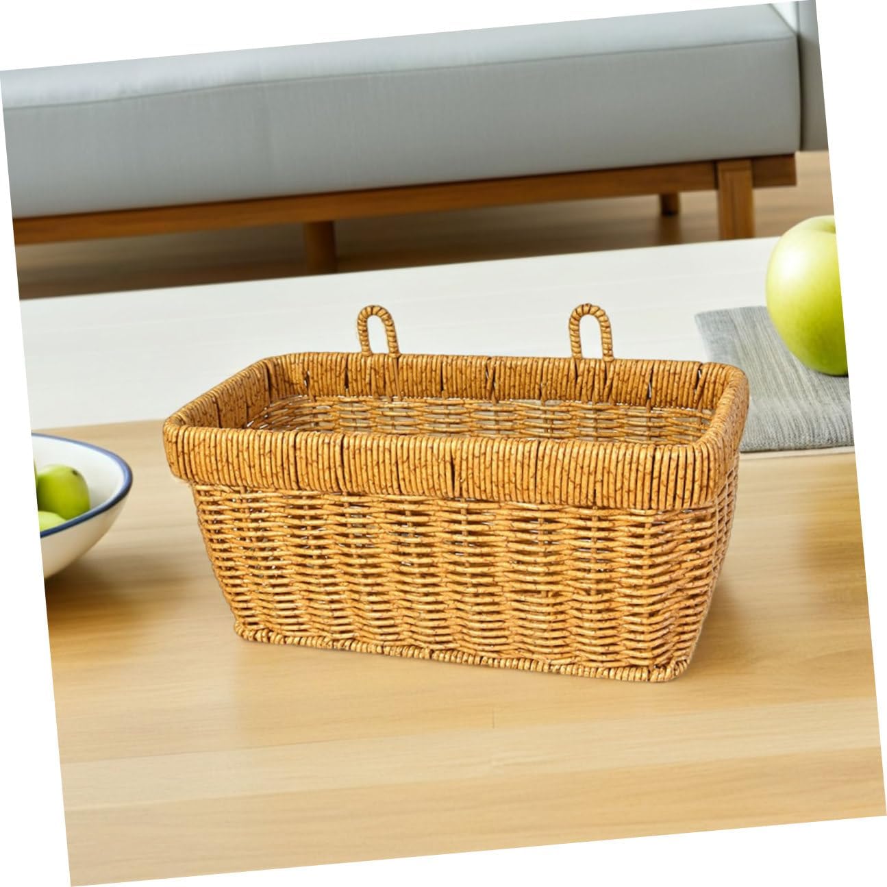 2pcs Hanging Woven Wall Baskets for Kitchen – Fake Rattan Vegetable and Fruit Storage Organizer with Hooks – Multipurpose Space-saving Wall-mounted Basket for Garlic, Onion, Ginger