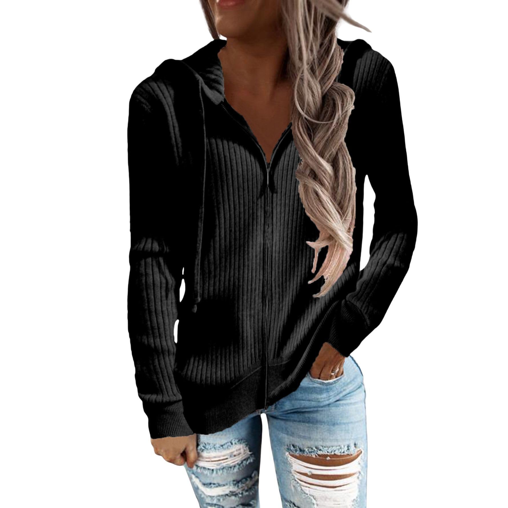 Rib Knit Zip Up Lightweight Cardigans for Women Trendy Long Sleeve Drawstring Hooded Sweatshirt Casual Fall Hoodie