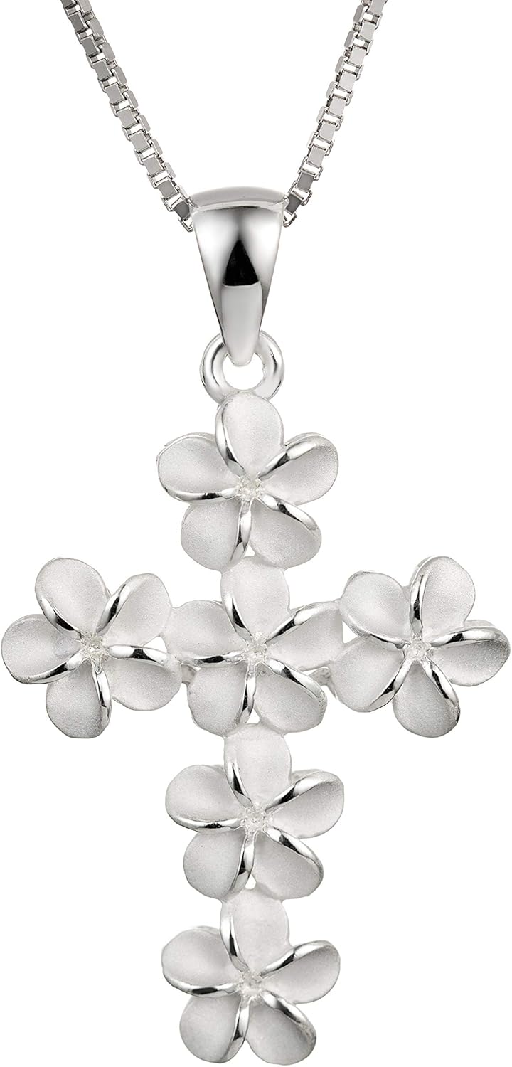 925 Sterling Silver Plumeria Flower Cross Pendant with 18" Box Chain, Gold Plated, Nickel Free Hypoallergenic for Sensitive Skin, Hawaiian Jewelry for Women, Gift Box Included