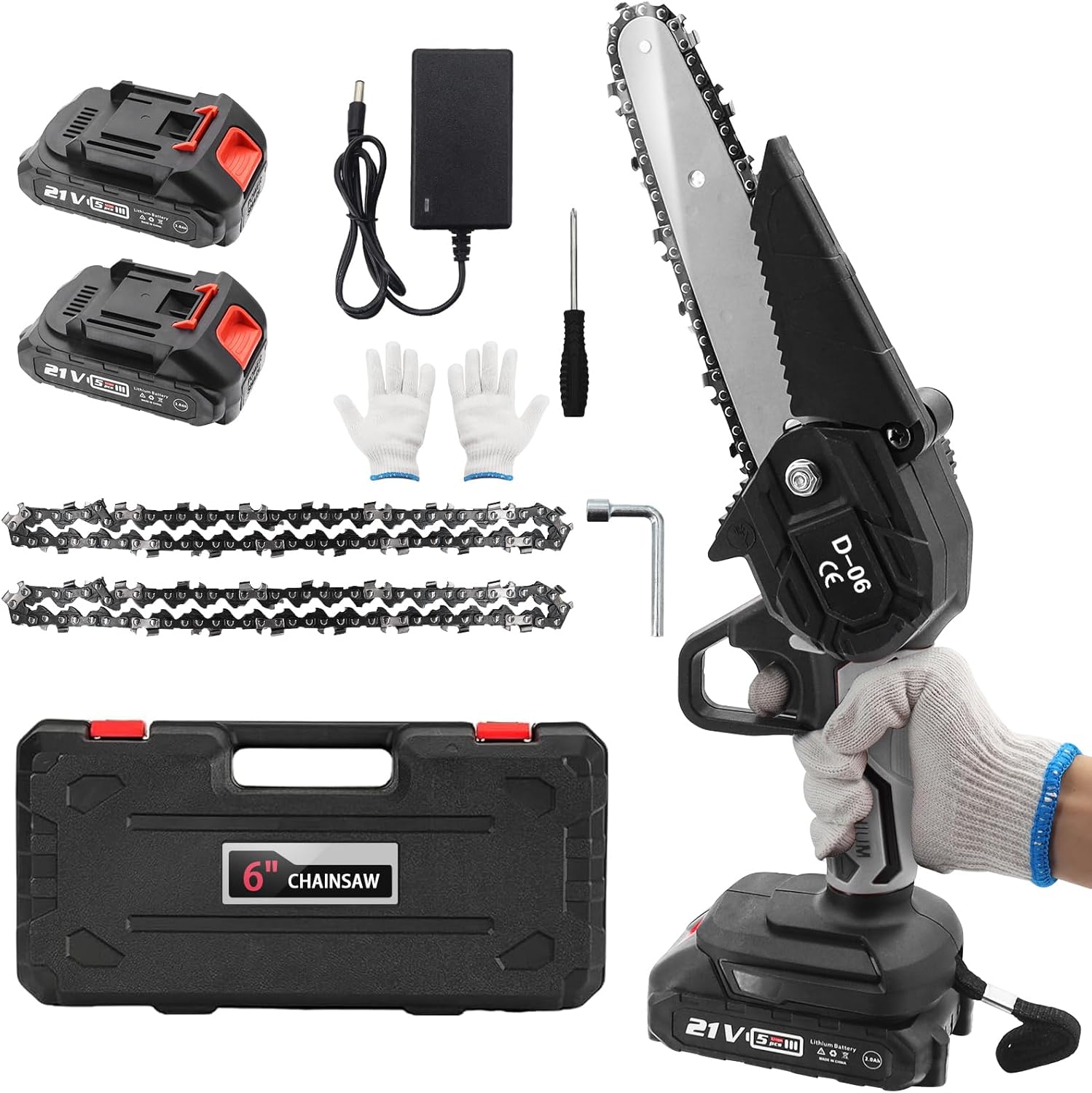 6 Inch Mini Chainsaw, Cordless Electric Chainsaw with 2 Battery, Handheld Mini Chain saw with Security Lock for Wood Cutting Tree Trimming Gardening, Black