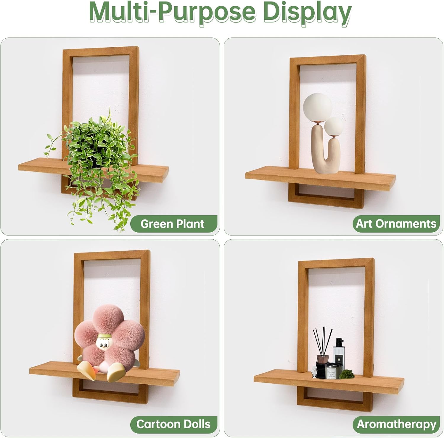 Square Floating Shelves for Wall, Solid Wood Framed Decorative Wall Mounted Shelves Set of 2 (Large & Small), Heavy Duty Modern Storage Display Shelves, Bathroom, Living Room, Kitchen, Home Office