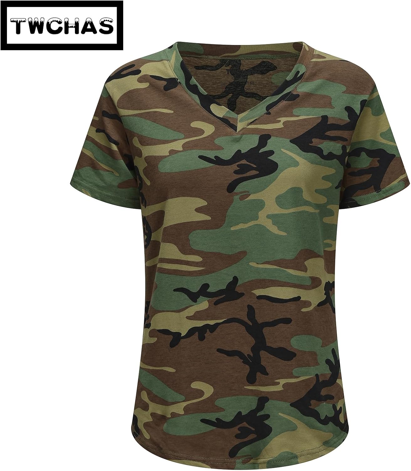 Women's Camo V-Neck T-Shirt, Stretchy Camouflage Top in Cotton Blend, Breathable Shirt for Womens Fitness Daily Wear