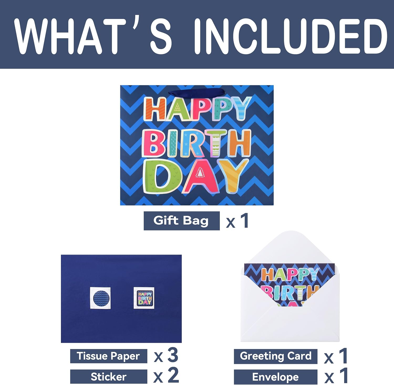 Qirrmiy 13" Large Blue Gift Bag Set with Greeting Card and White Tissue Papers (Laser Foil 'Happy Birthday') for Men's Birthday Party, Boys' or Kids' Parties, Baby Boy - 13”x5.2”x10.2”, 1 Pcs.