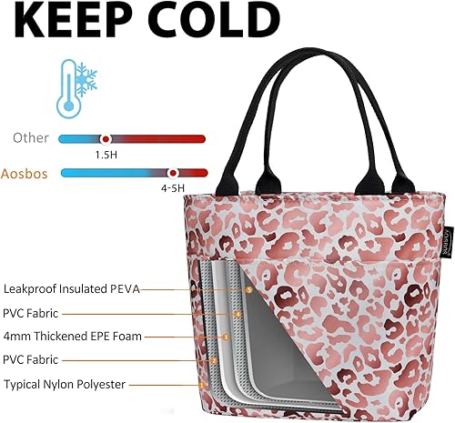 Miniatura 4 de Aosbos Lonchera de leopardo para mujer, lonchera para adultos, lonchera con aislamiento, lonchera portátil, bolsa enfriadora, lonchera bento, bolsa