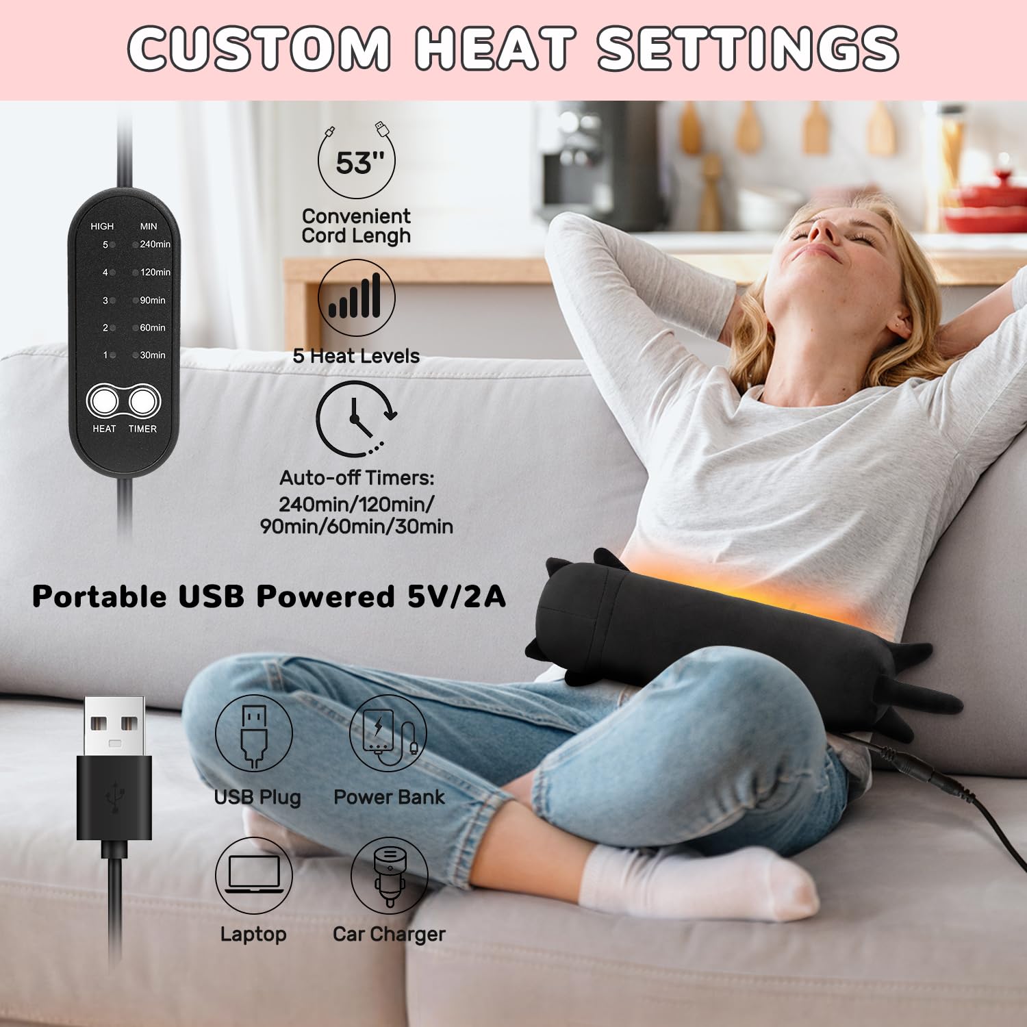 Manta eléctrica para gatos con apagado automático, almohadilla térmica USB para períodos, manta de calor para el cuello, la espalda, los hombros y el abdomen, regalos navideños para mujeres, niñas y