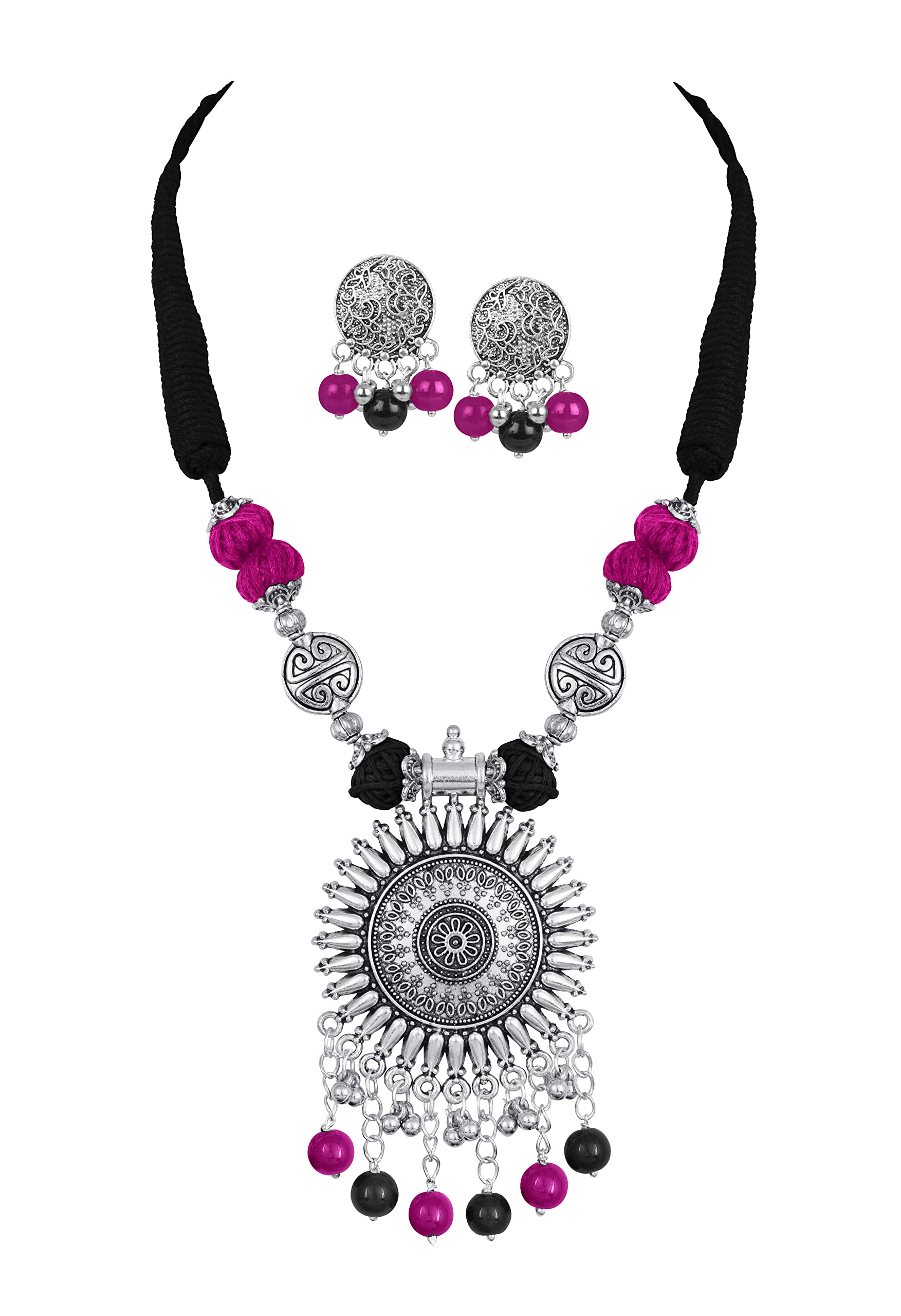 JFL - Jewellery for Less Antique German Oxidized Silver Fancy Round Chakra Pendant Beads and Cotton Thread Balls Handcrafted Necklace Set with Adjustable Thread for Women & Girls,Valentine (B0BR7KYMV1) Amazon Price History, Amazon Price Tracker