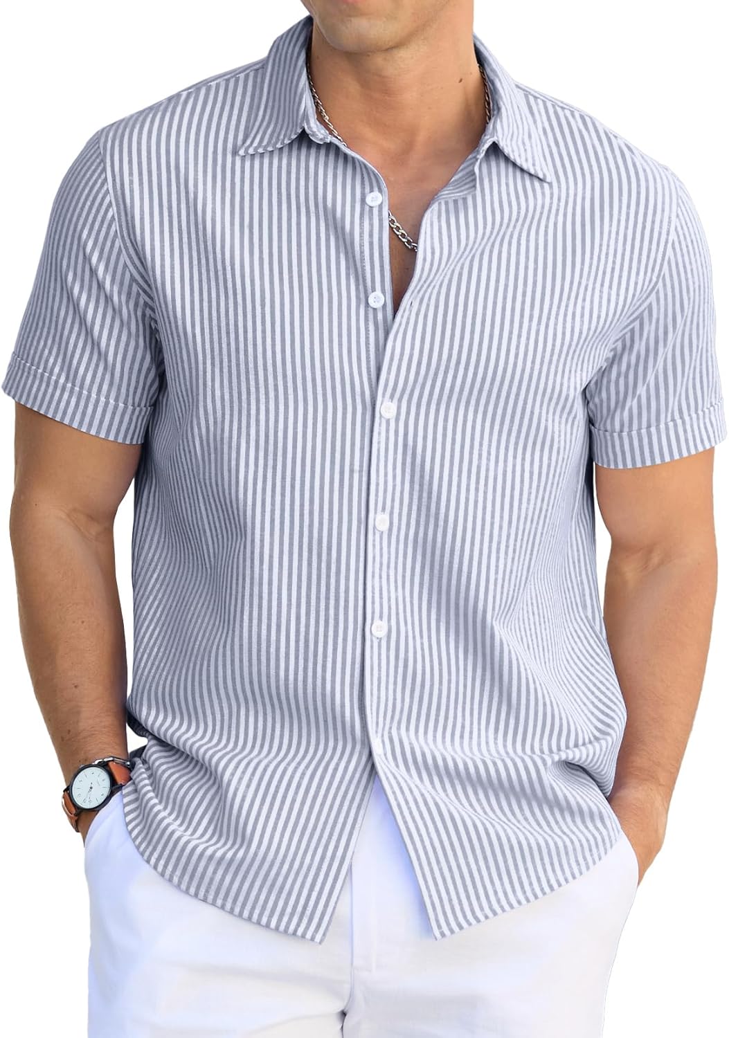 Sailwind Men's Casual Button Down Shirts Short Sleeve Striped Cotton Beach Summer Vacation Shirt