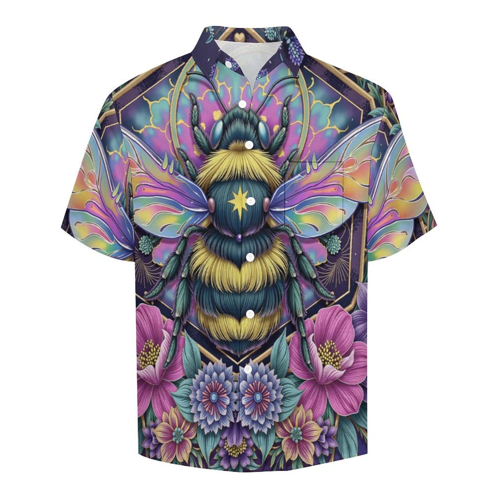 Camicie da Uomo a Maniche Corte con Stampa della Fiori Api Carino, Casual Leggere Bottoni Camicia con Tasca Frontale, per Vacanze Spiaggia Estate