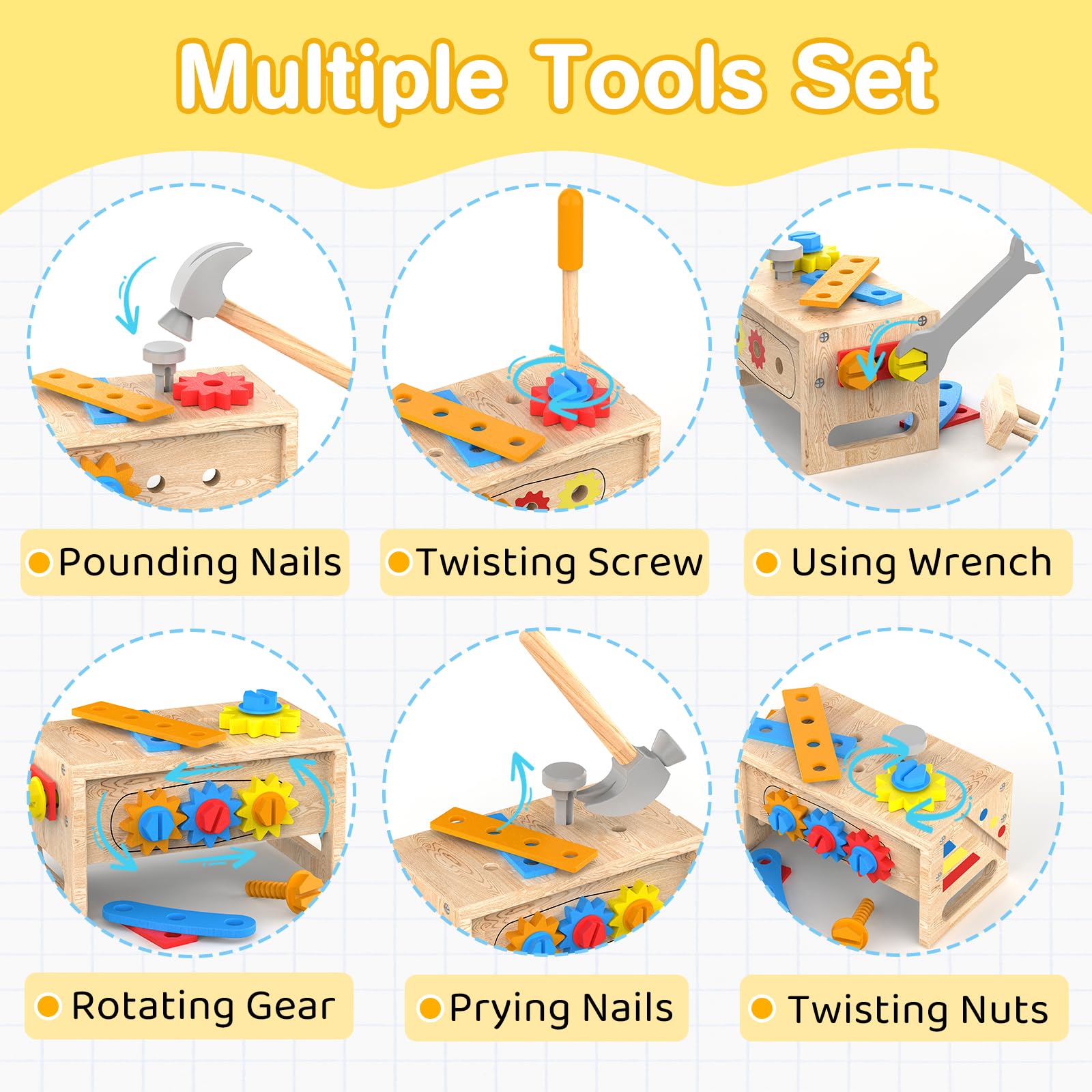 Drewniany zestaw narzędzi dla dzieci z fartuchem - Montessori Toys dla 2-letniego chłopca, ławka narzędziowa maluchów, edukacyjna zabawka konstrukcyjna STEM dzieci w wieku 2-4 lat, zabawa w od