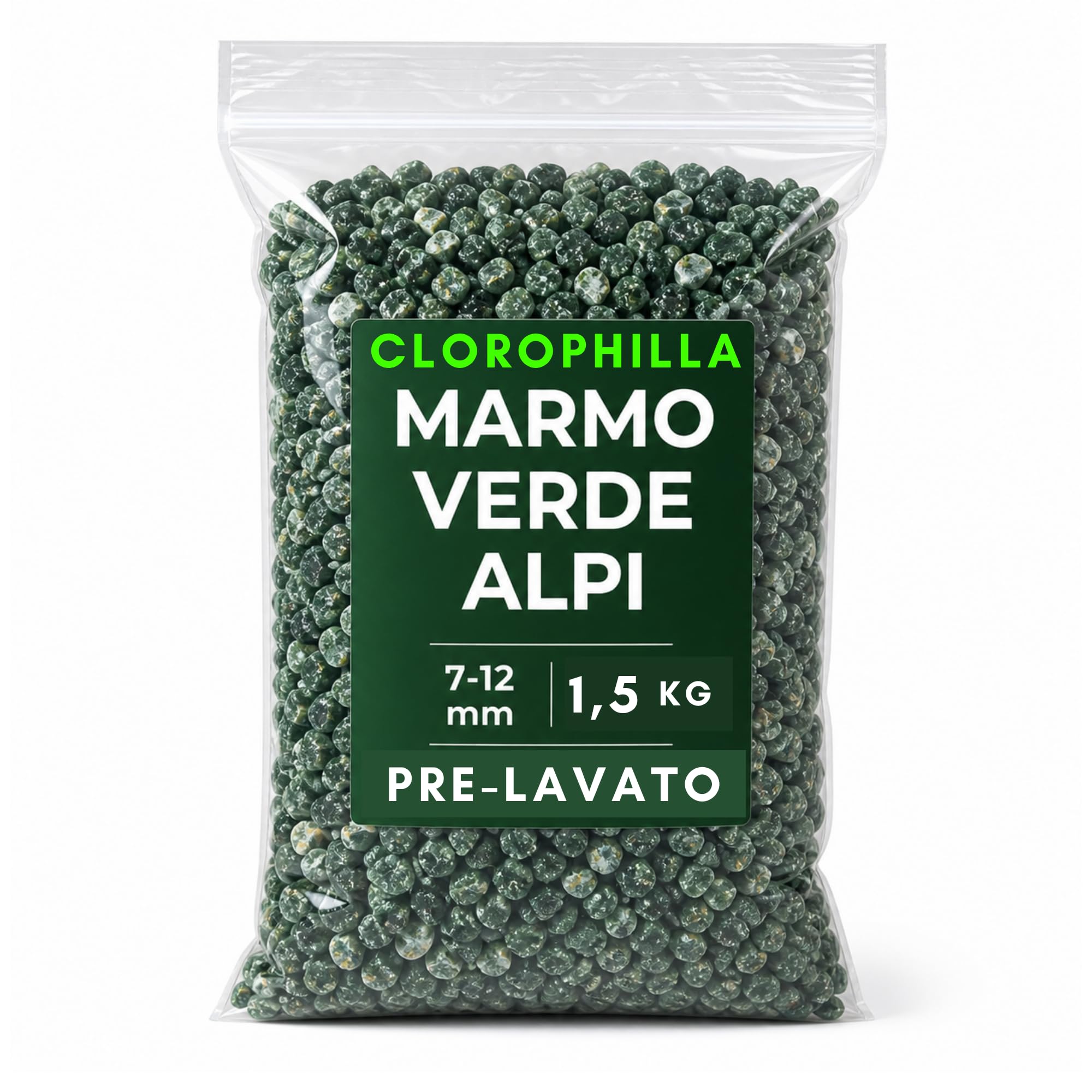 Clorophilla Marmo Verde Alpi Pre-Lavato 7-12 mm – Graniglia Decorativa Naturale per Vasi, Aiuole e Giardini – Pietre Decorative Verdi per Interni ed Esterni (1,5 KG)