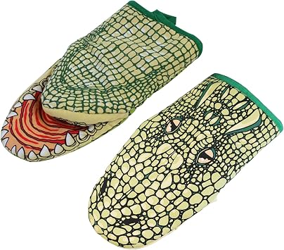1 Pair Oven Mitts Heat Resistant Cooking Gloves Cute Cartoon Animal Crocodile Cotton Oven Gloves Anti-Heat Microwave Mittens Hand Cover Potholder Bakers Kitchen Tools for BBQ Grilling Cooking Baking