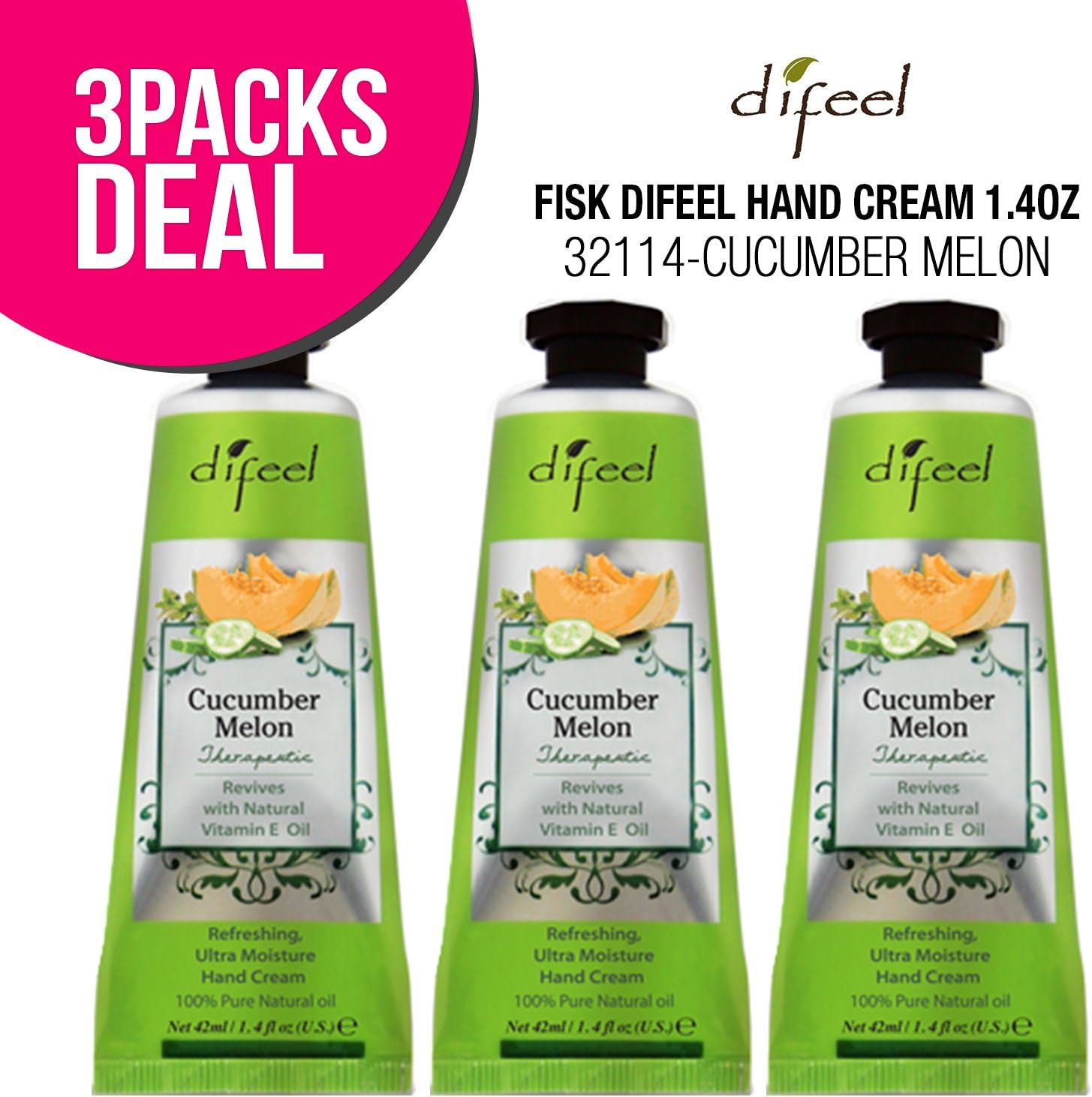 (3 PACK) Difeel Hand Cream 1.4oz (CUCUMBER MELON) for Dry Hand Aging Hand, Moisturizing