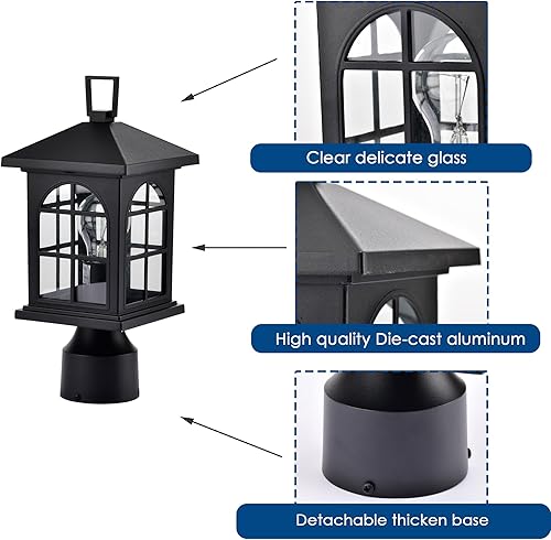 Miniatura 6 de ASHOP Lámparas de poste para exteriores, paquete de 2 luces negras para postes de luz al aire libre para poste de patio, farol de aluminio al aire