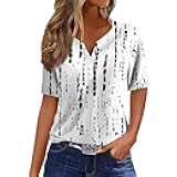Womens Short Sleeve Tops 2024 Trendy Summer T Shirt Casual V Neck Pullover Button Printed Blouse Plus Size Tees