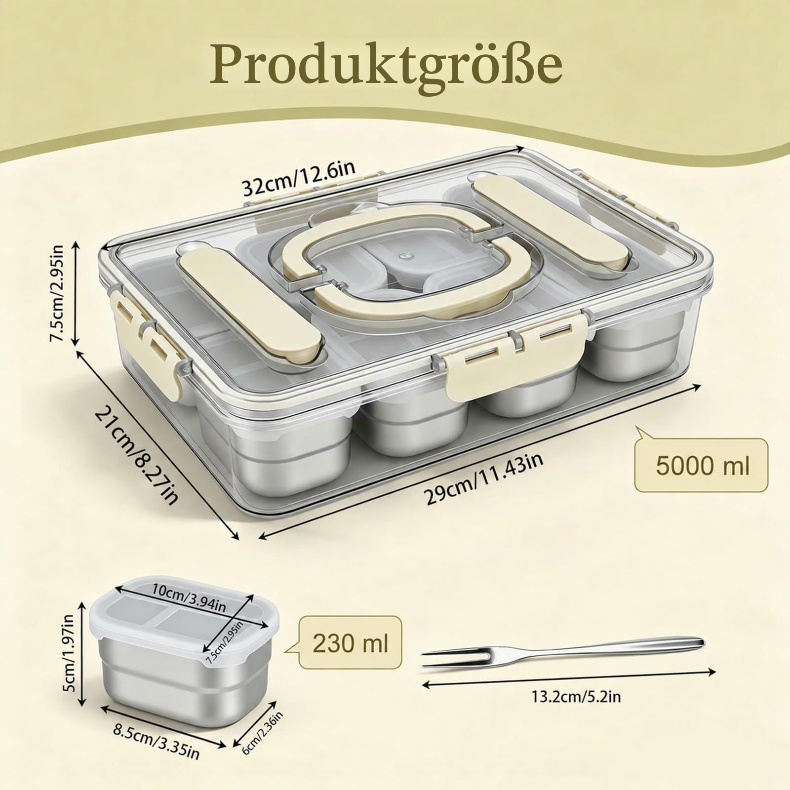 Snackbox mit 8 Edelstahl Fächern, Tragbar snack Aufbewahrungsbox, mit äußerer Deckel Besteckfach und Griff, Der 8 Snackteller hat eigenen Deckel, Auslaufsicherer Snackdose Organizer für Reise und Büro