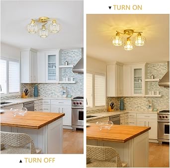 Crystal Ceiling Lights Living Room, 3-Lights Crystal Chandeliers Ceiling Light, Gold Ceiling Light with Glass Lampshades, Bathroom Lights Ceiling, Hallway Light Ceilings for Bedroom, Kitchen [Energy Class D]