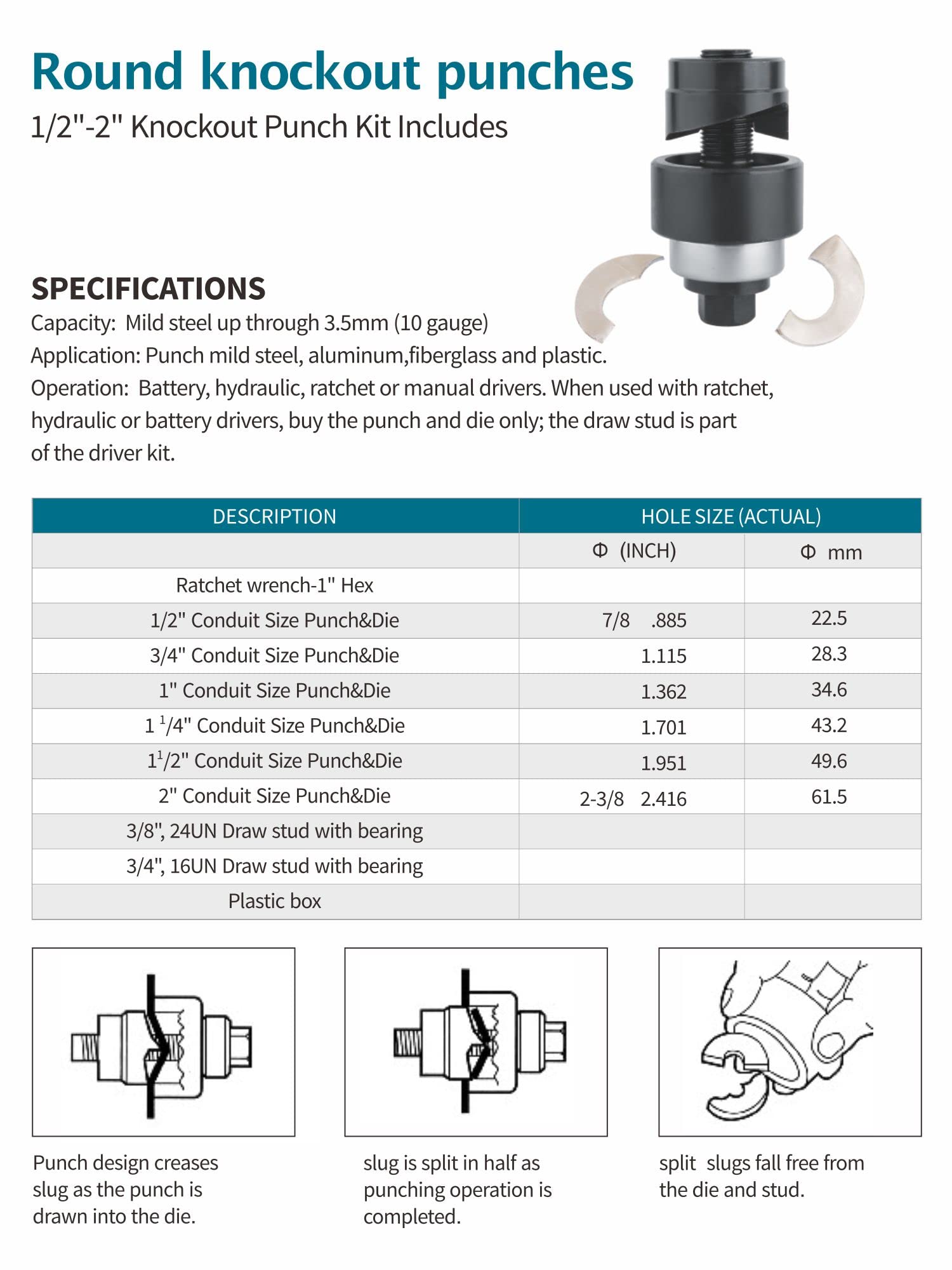 Kit D'outil De Découpe Hydraulique Pour Conduit électrique (KO Tool) - Tailles 1/2" à 2" (8T) - Pour Gaines Et Tuyaux Métalliques