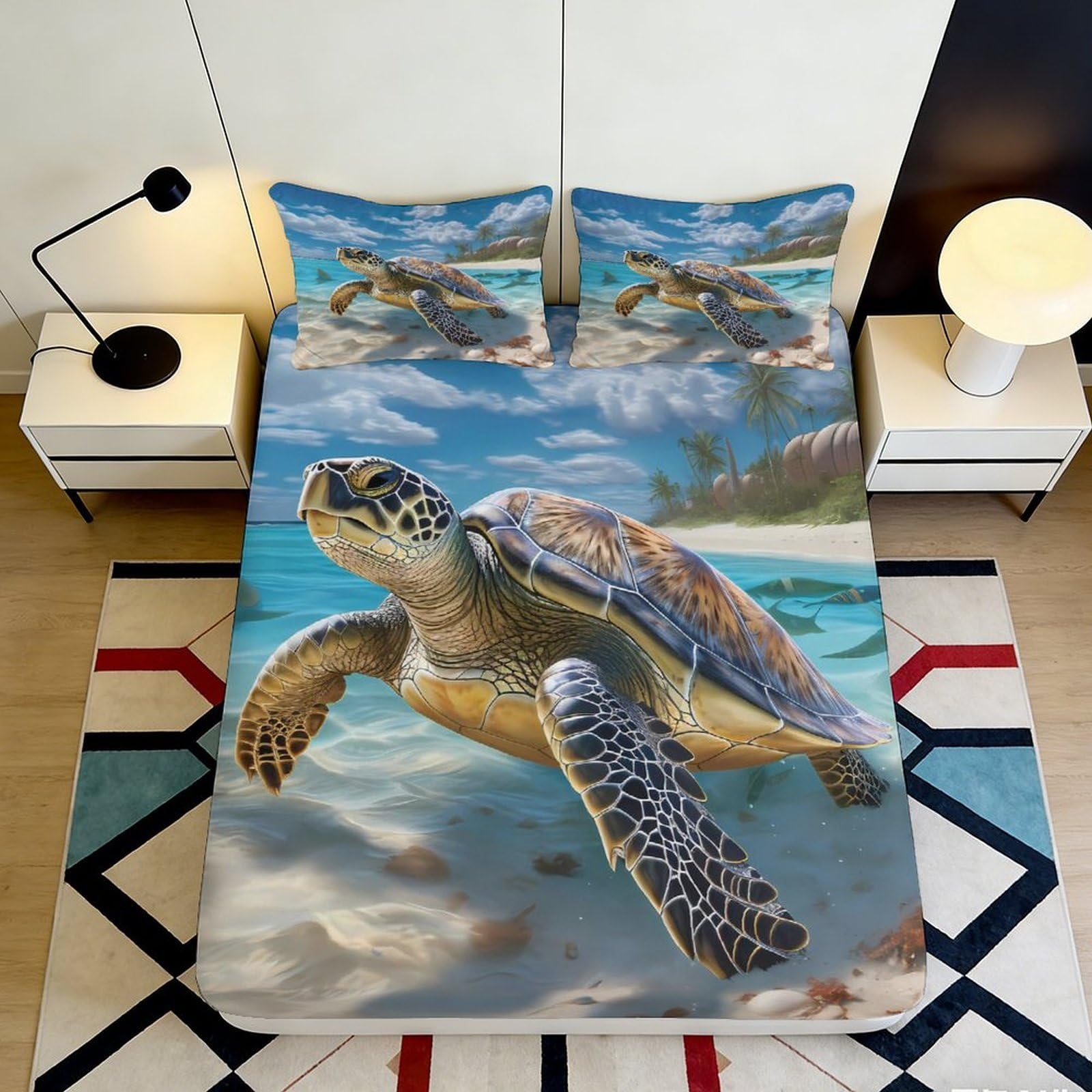 3D Printed Sea Turtle Ocean Fitted Sheet Microfiber Soft Non-slip Mattress Cover for Bedroom Guestroom Decor 160x200x25cm