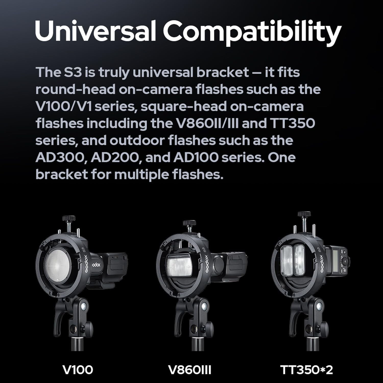 Godox S3 Speedlite Halterung Blitzhalter (𝐒𝟐 𝐔𝐩𝐠𝐫𝐚𝐝𝐞 𝐕𝐞𝐫𝐬𝐢𝐨𝐧), ±90° Neigung, mit Bowens Verschluss und Kaltschuh für Godox V1 V100 AD200Pro AD300Pro AD400Pro AD100Pro V860III TT600