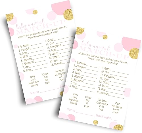 Juegos de baby shower rosa y dorado para niñas, divertido juego de revelación de género a juego de animales, actividades para invitados, tema