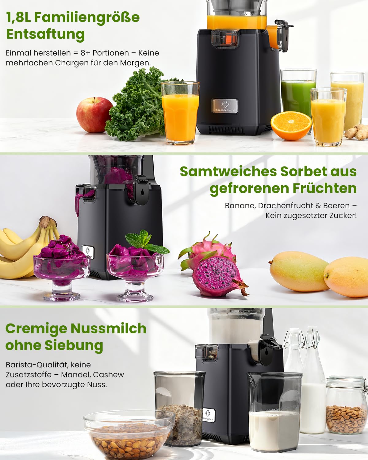 LINKChef Entsafter Slow Juicer, 130 mm große Öffnung, Entsafter Gemüse und Obst, 1,8 L Kapazität, 250W Elektrischer Juicer mit Rücklauffunktion, Leise, Einfache Montage, Leicht zu Reinigen, BPA-frei