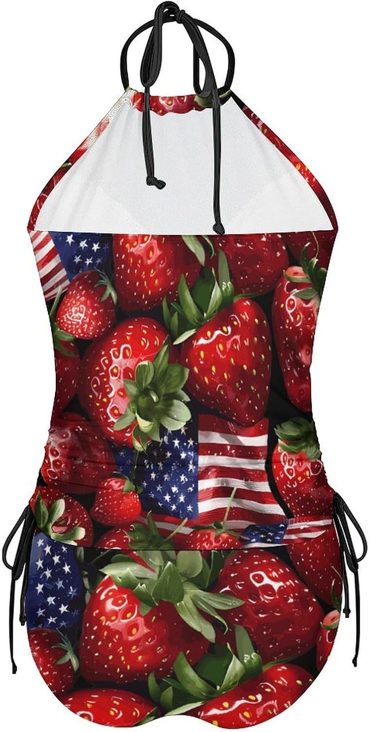 Strawberries U.S. Flag Women's Tankini Swimsuit Two Piece Tummy Control Bathing Suits Tie String Swimwear