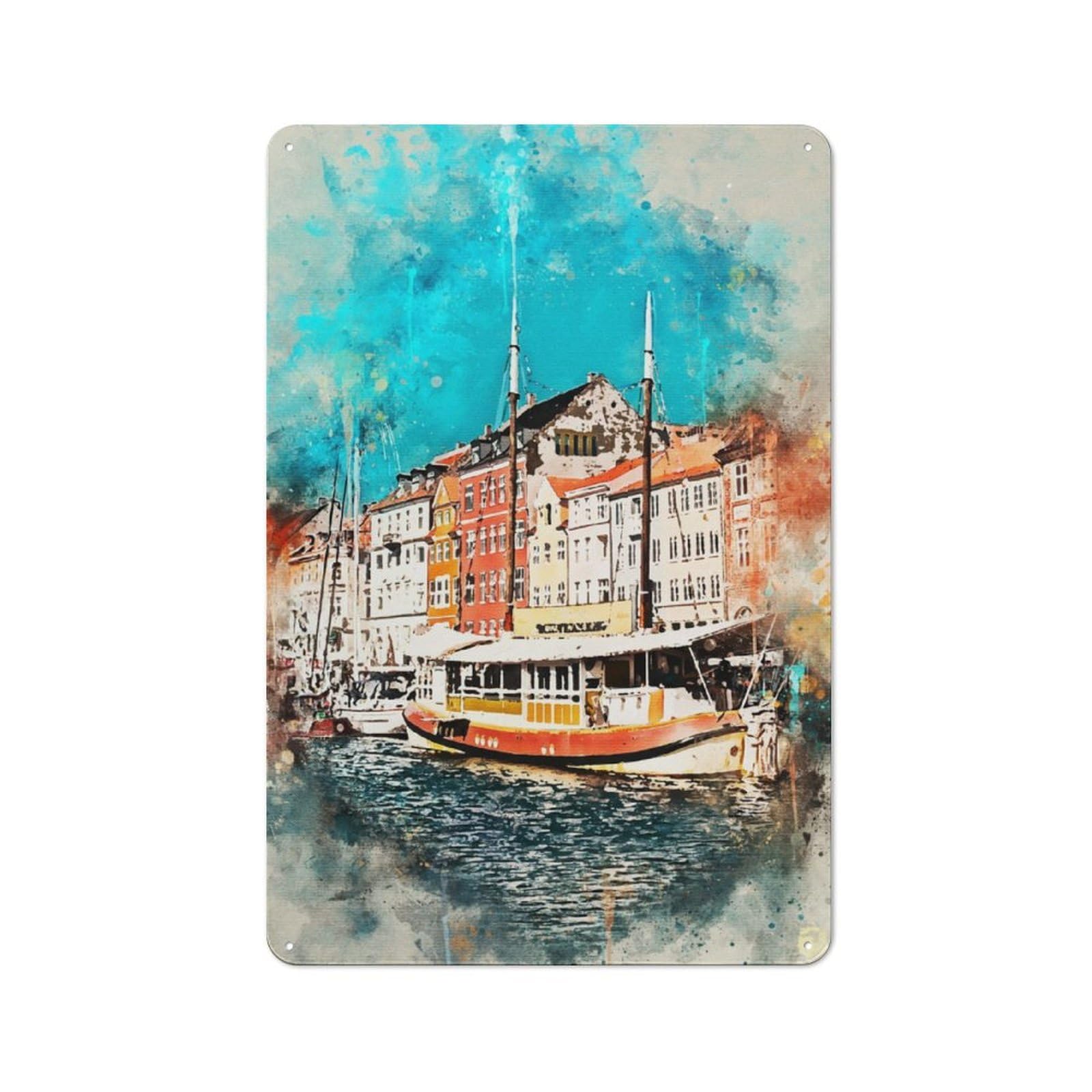 Junmoney Copenhagen In Watercolor Workshop Style Tin Sign 30X20cm, Garage Wall Decor For Tool Room, Garage, Studio Or Home Bar