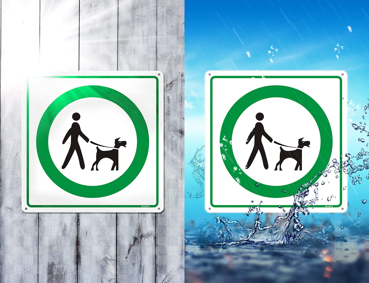 Andchi 2 pezzi cartelli Tieni il cane al guinzaglio per tenere i cani al guinzaglio cartello, cartello rettangolare in metallo e alluminio, dimensioni 300 x300 mm